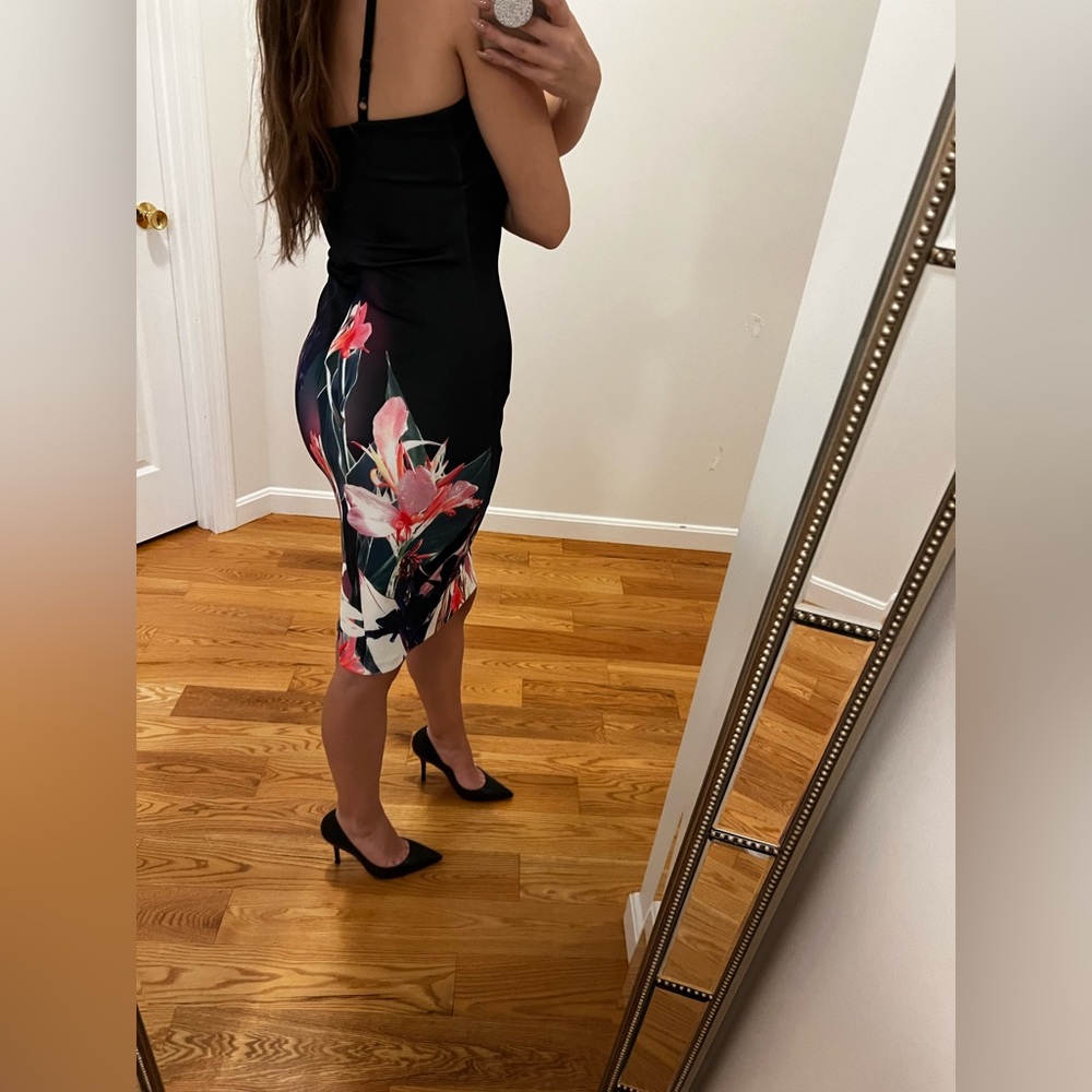 Bebe Black Floral Bodycon Dress | Deep V Neck Scuba Midi | Fitted - Picture 5 of 10